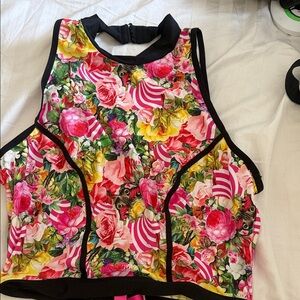 Victorias Secret Floral High-Neck Crop Top with Black Trim - Pink Multi